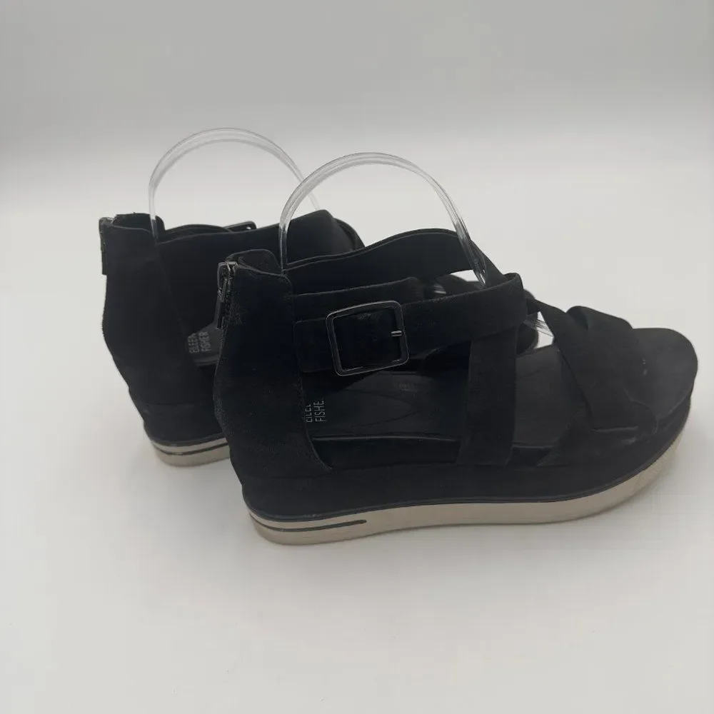 Eileen Fisher Suede Boost Wedge Sandal with crisscross strap, Back zip. Size 9.5